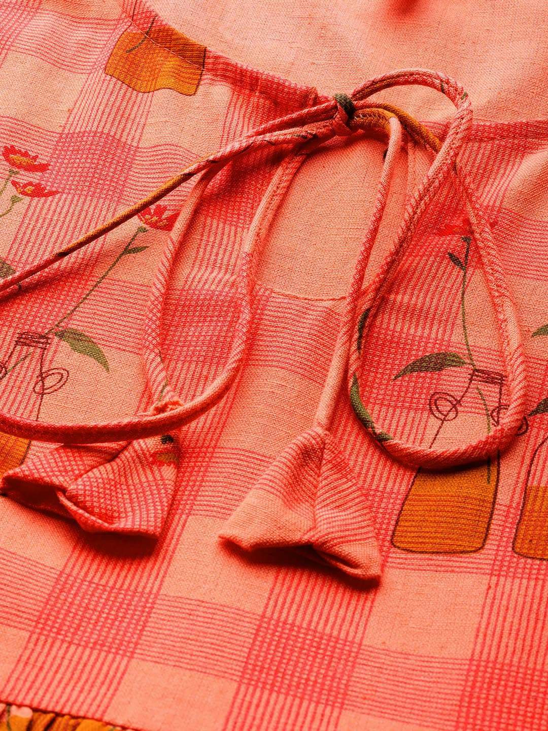 Women's  Peach-Coloured Checked with Conversational Printed A-Line Dress