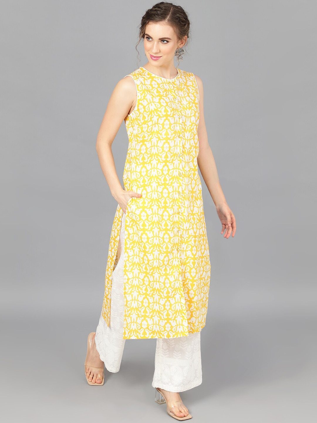 Women's  Yellow & White Printed Straight Kurta
