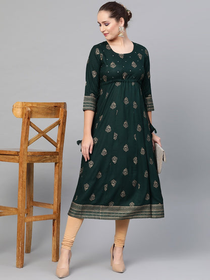 Women's  Green & Golden Screen Print A-Line Kurta
