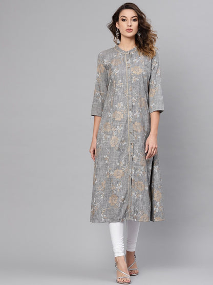 Women's  Grey & Golden Floral Printed A-Line Kurta