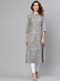 Women's  Grey & Golden Floral Printed A-Line Kurta