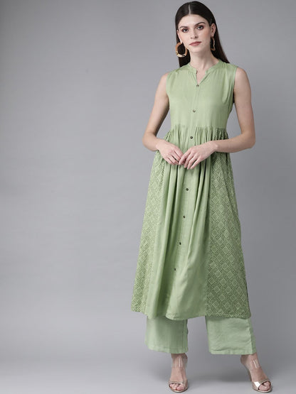 Women's  Green Printed A-Line Kurta