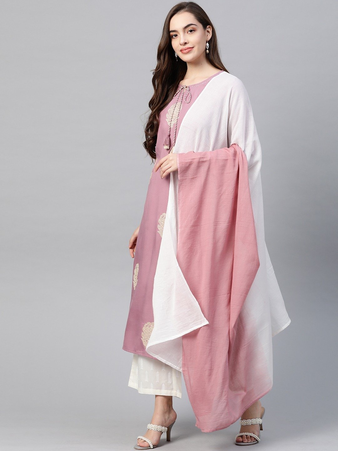 Women's Pink & Offwhite Embroidered Kurta Set