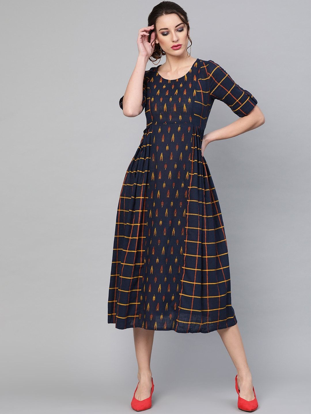 Women's  Navy Blue & Orange Printed A-Line Dress
