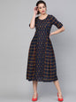 Women's  Navy Blue & Orange Printed A-Line Dress