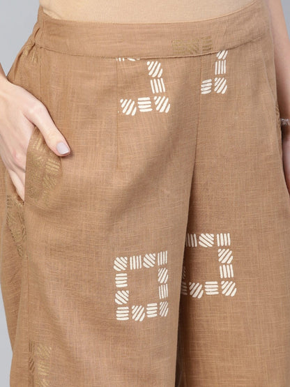 Women's  Brown & Off-White Khari Print Kurta with Palazzos