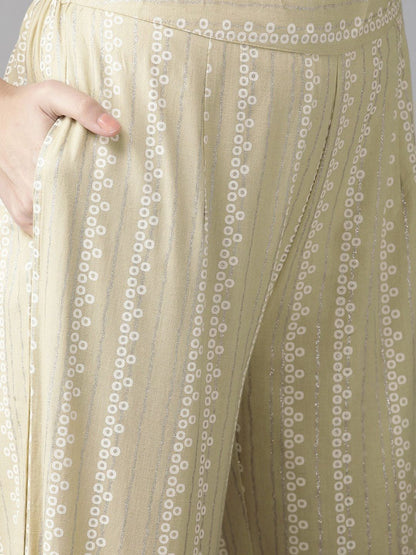 Women's  Beige & White Printed Kurta with Palazzos