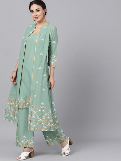 Women's  Green Solid Kurta with Trousers