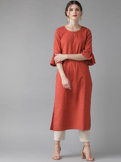 Women's  Red & Off-White Checked Straight Kurta