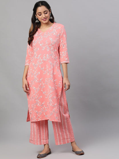Women's  Peach-Coloured & Silver-Toned Printed Kurti with Palazzos