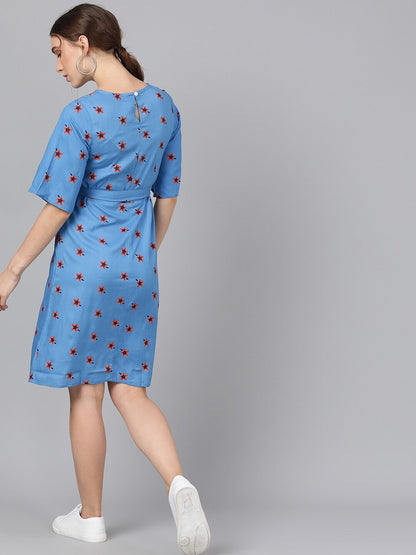Women's  Blue & Maroon Printed Fit and Flare Dress