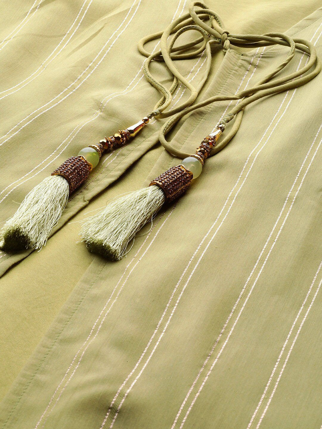 Women's  Olive Green & Golden Striped Layered Maxi Dress