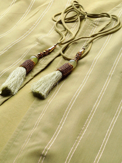 Women's  Olive Green & Golden Striped Layered Maxi Dress