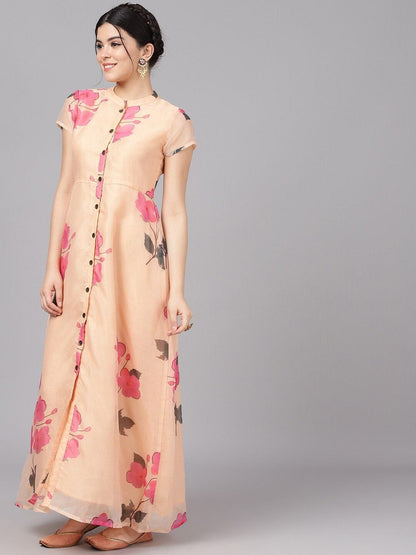 Women's  Cream-Coloured Printed Maxi Dress