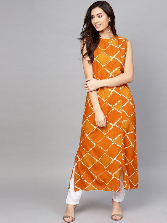 Women's  Orange & Mustard Yellow Checked Straight Kurta