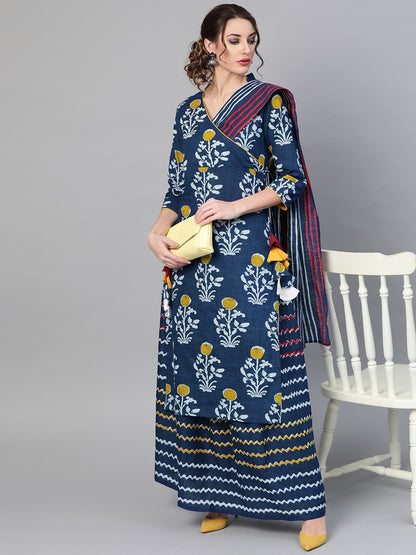 Women's  Navy Blue Printed Kurta with Skirt & Attached Dupatta