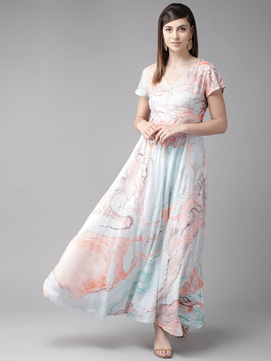 Women's  Sea Green & Coral Pink Printed Maxi Dress