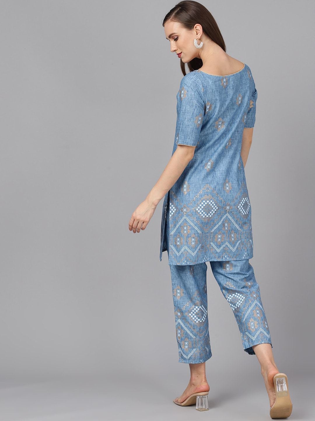 Women's  Blue & Gold-Coloured Printed Kurta with Trousers