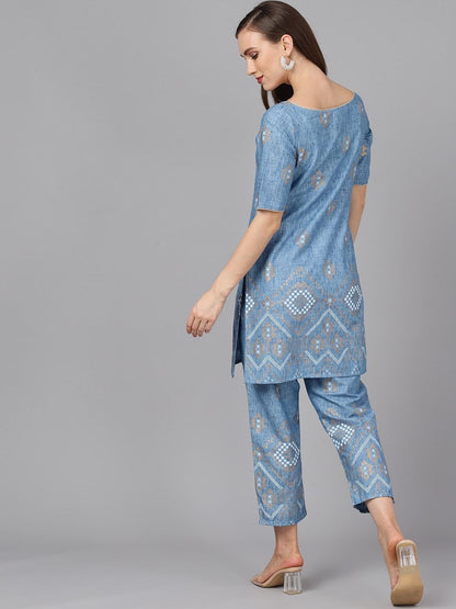 Women's  Blue & Gold-Coloured Printed Kurta with Trousers