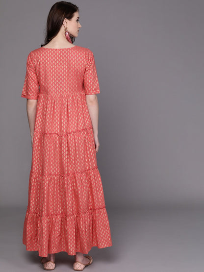 Women's  Pink & Golden Printed Tiered Maxi Dress