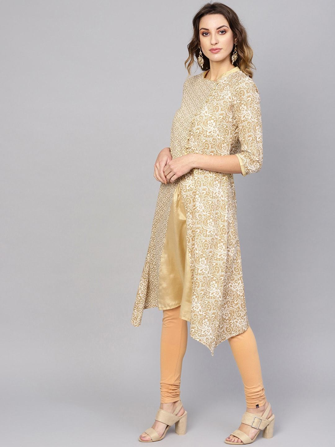 Women's  Off-White & Beige Printed A-Line Angrakha Kurta