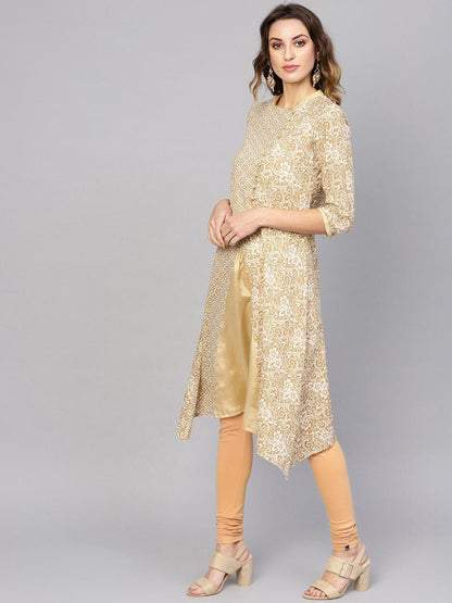 Women's  Off-White & Beige Printed A-Line Angrakha Kurta