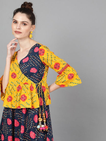 Women's  Navy Blue & Mustard Yellow Bandhani Printed Wrap Dress