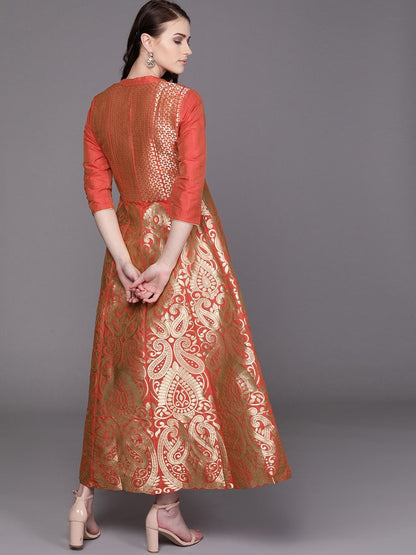 Women's  Orange & Golden Self Design Maxi Dress