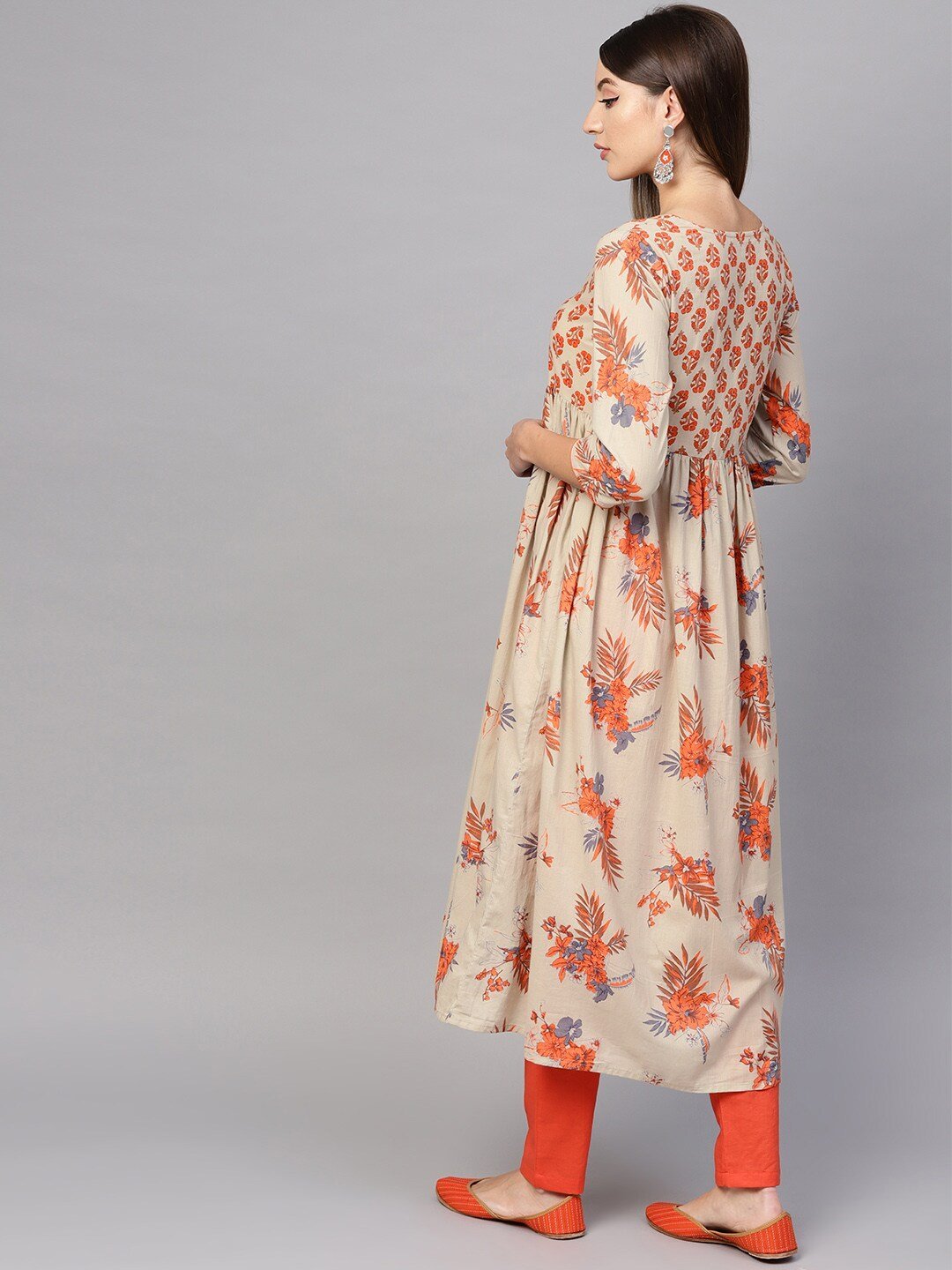 Women's  Beige & Orange Floral Printed A-Line Kurta