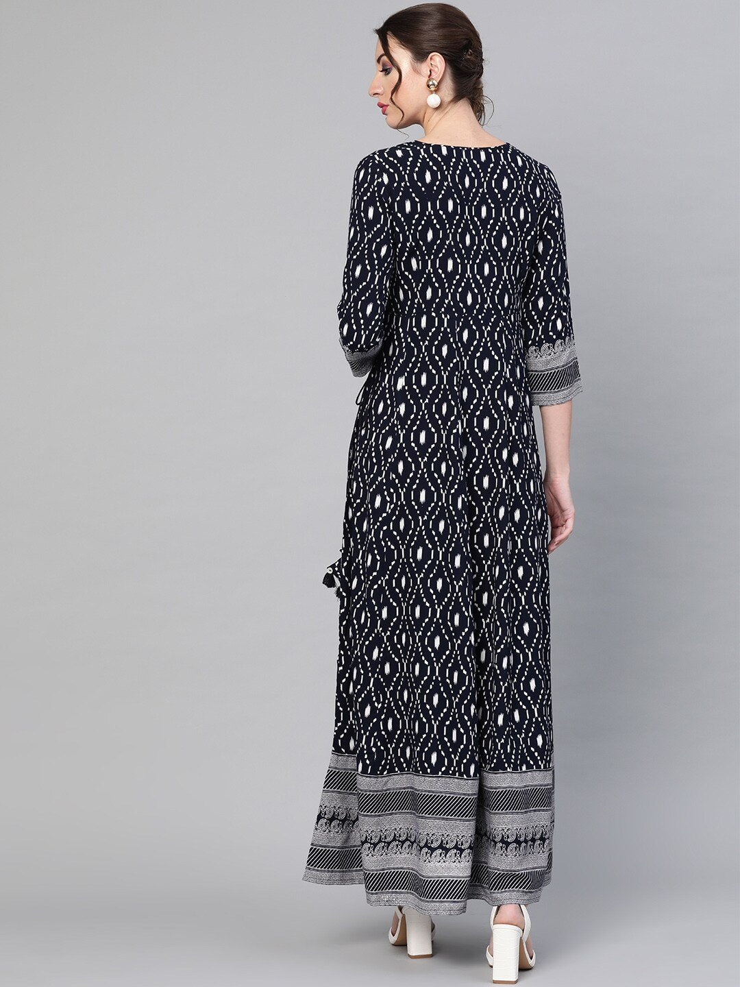 Women's  Navy Blue & White Printed Maxi Dress