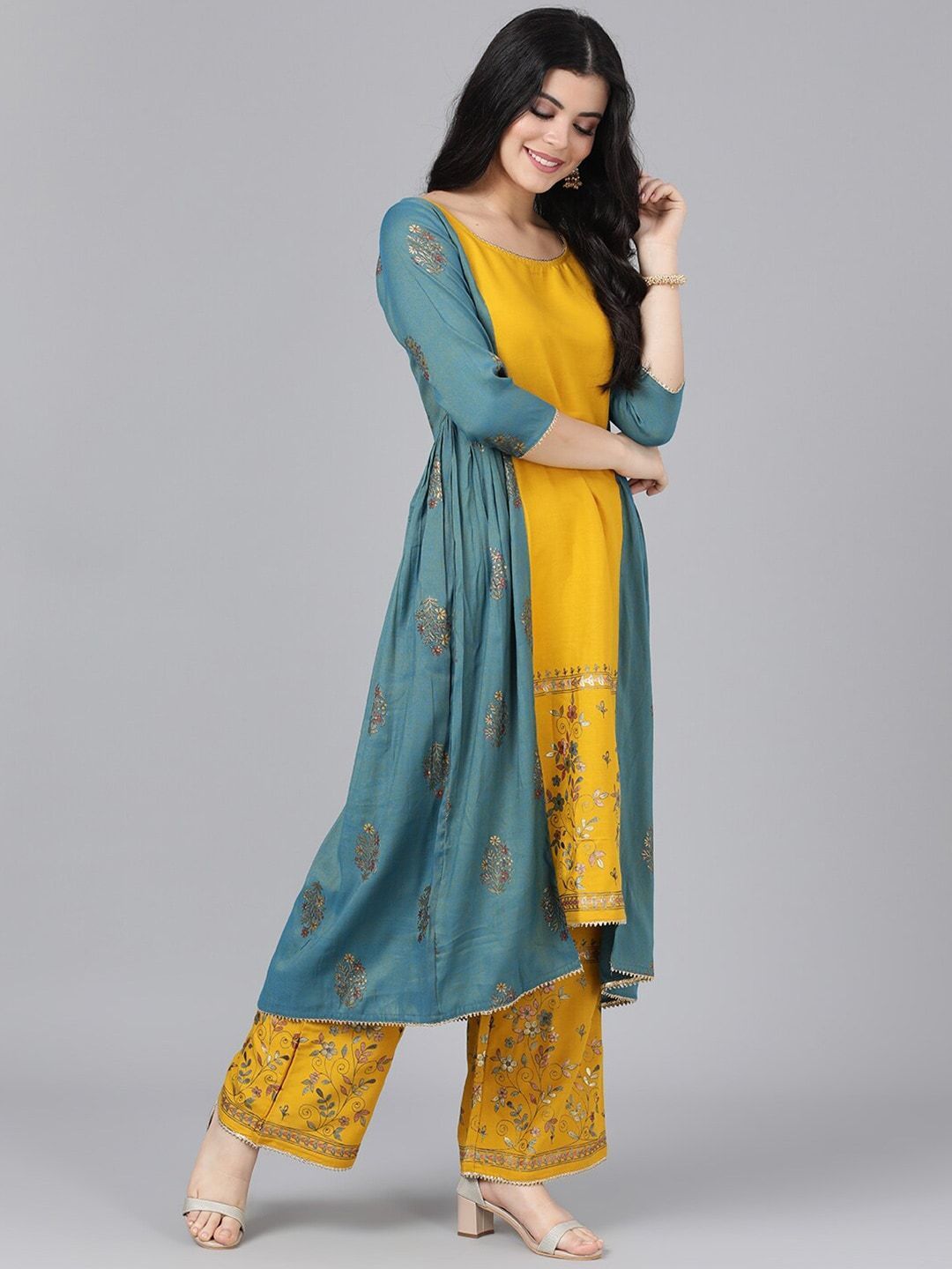 Women's  Mustard Yellow & Blue Floral Embroidered Kurta with Palazzos & Jacket