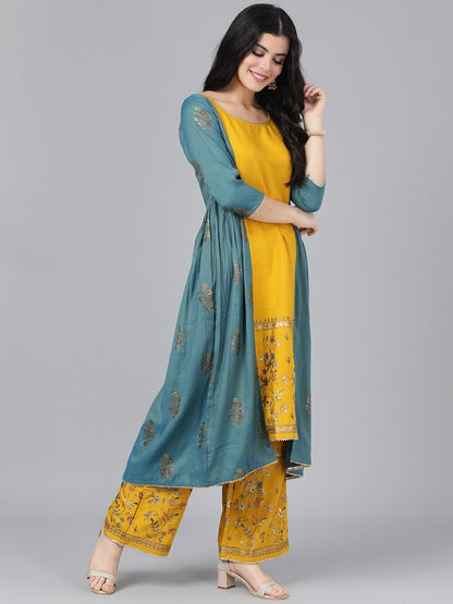 Women's  Mustard Yellow & Blue Floral Embroidered Kurta with Palazzos & Jacket