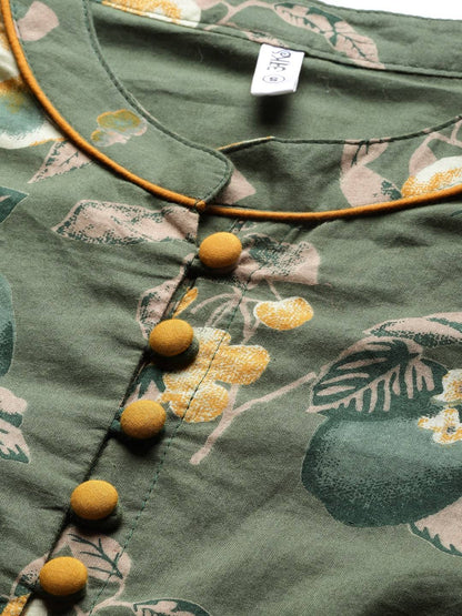 Women's  Olive Green & Beige Floral Printed Midi A-Line Dress