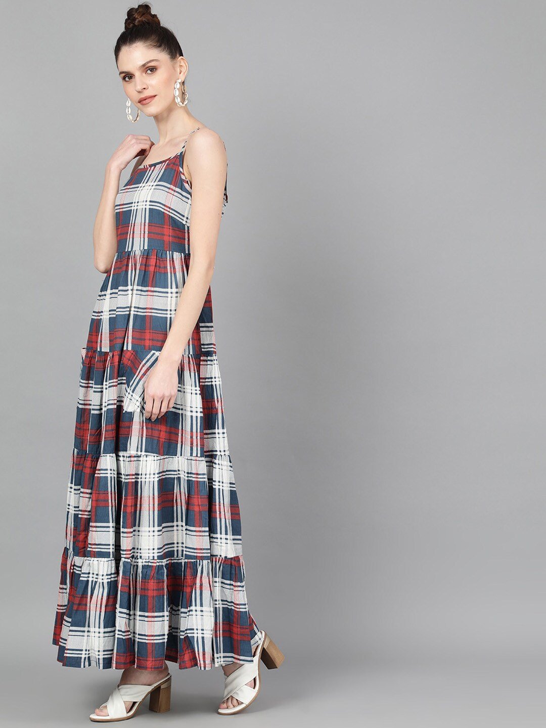 Women's  Blue & Red Checked Maxi Dress