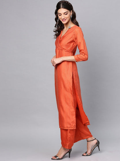 Women's  Orange Striped Kurta with Palazzos