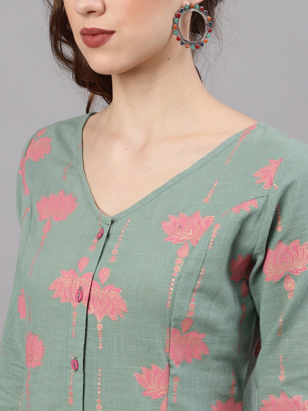 Women's  Green & Pink Printed A-Line Kurta