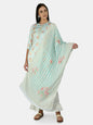 Women's Multi Silk Stripe Printed 3/4 Sleeve Round Neck Casual Kurta Palazzo Dupatta Set