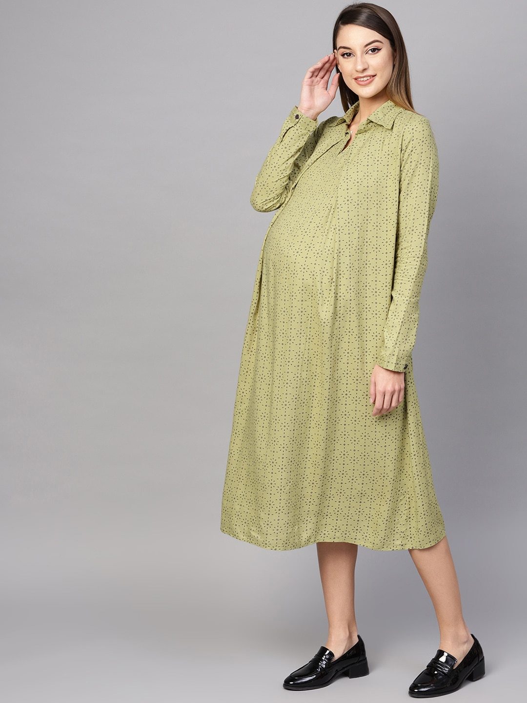 Women's  Green Printed Layered Maternity Shirt Dress