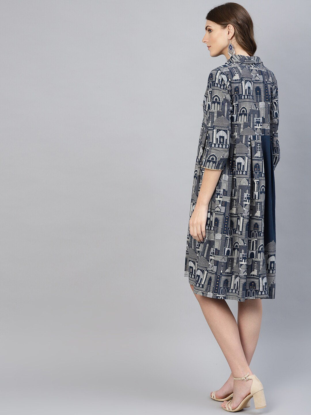 Women's  Navy & Off-White Printed Layered A-Line Dress
