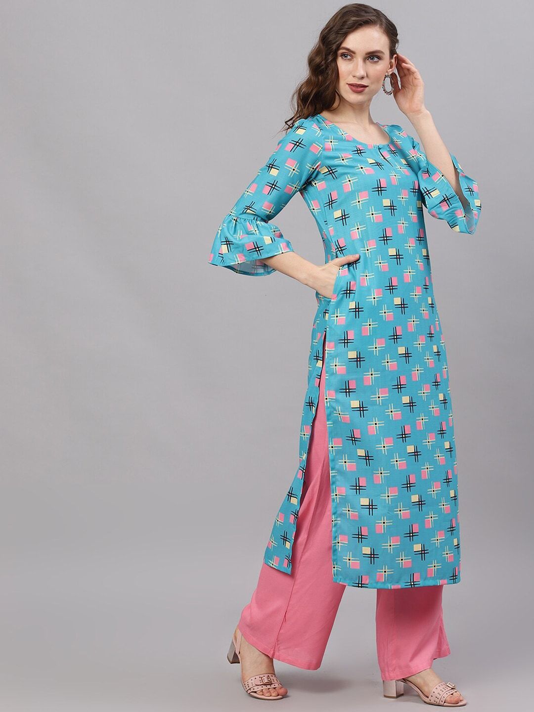 Women's  Blue & Pink Printed Straight Kurta