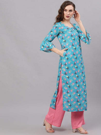 Women's  Blue & Pink Printed Straight Kurta