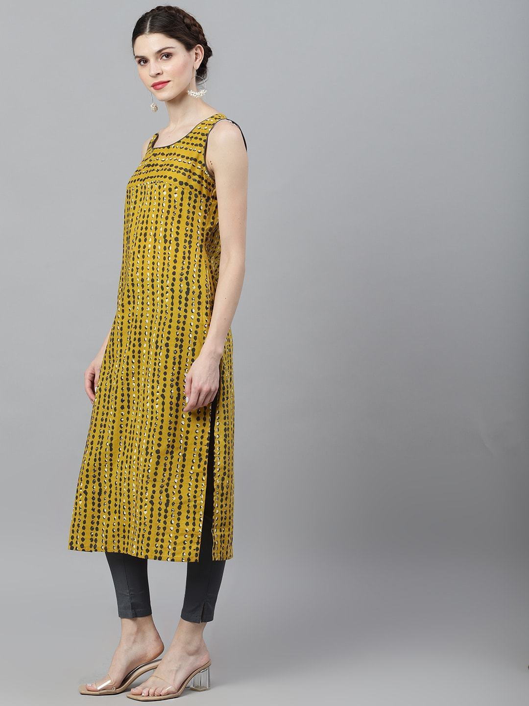 Women's  Mustard & Grey Striped Straight Kurta