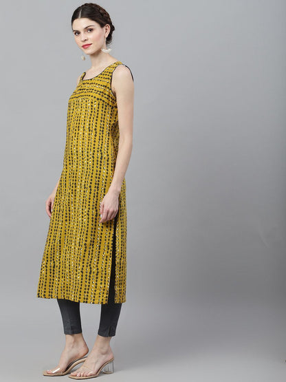 Women's  Mustard & Grey Striped Straight Kurta