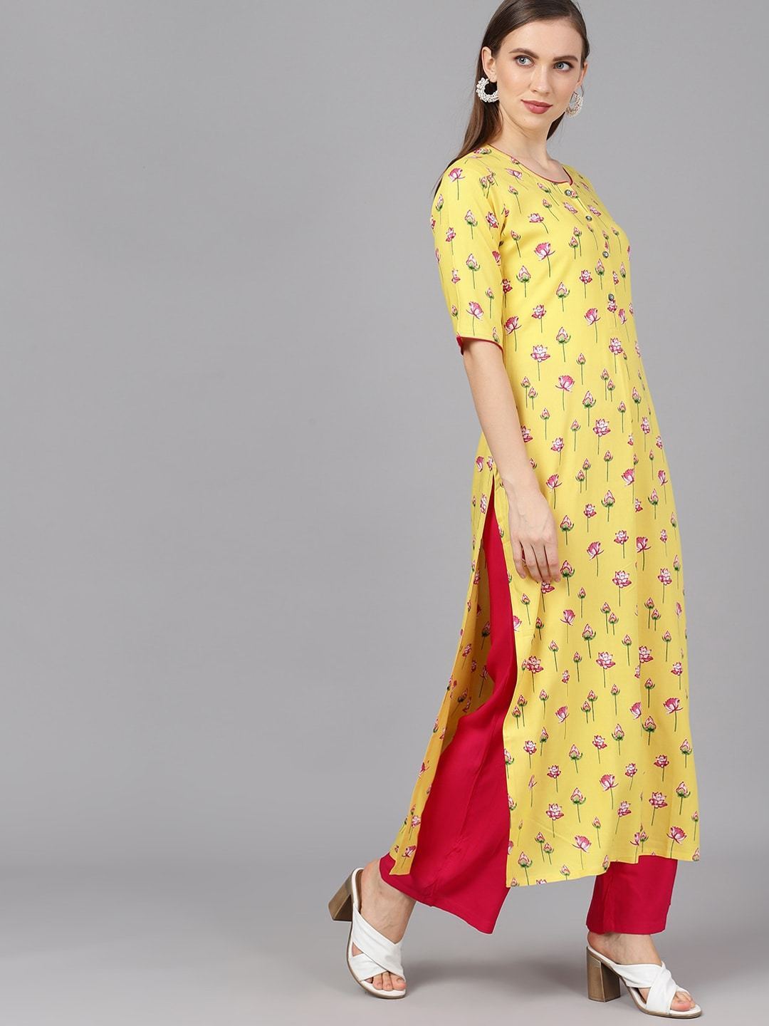 Women's  Yellow & Magenta Printed Kurta with Palazzos
