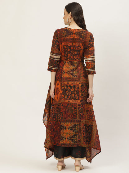 Women's Orange Color Chanderi Silk Floral A-Line Digital Printed Kurta Palazzo Set