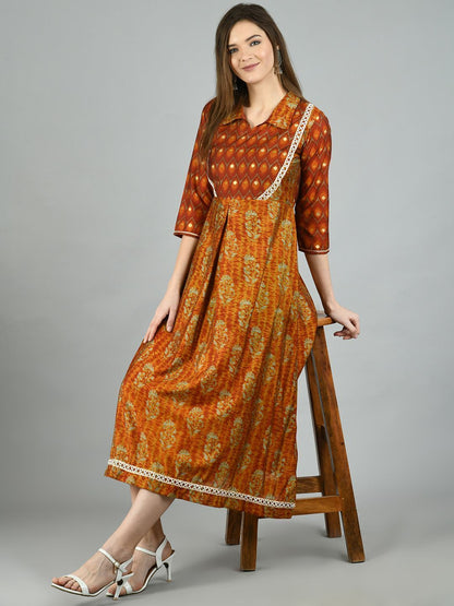 Women's Brown Silk Printed 3/4 Sleeve Shirt Coller Casual Dress