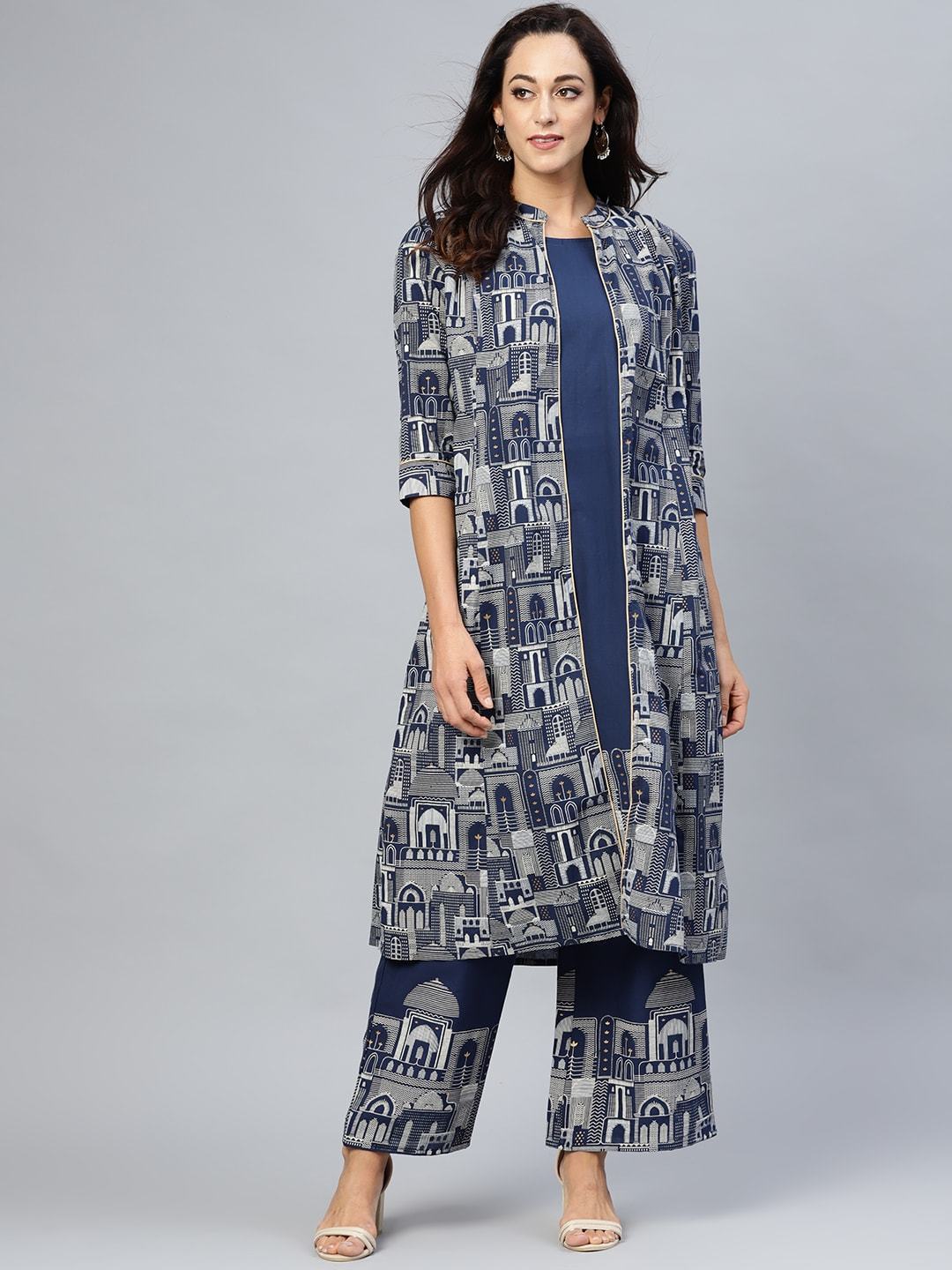 Women's  Navy Blue & Off-White Quirky Khari Print Layered A-Line Kurta