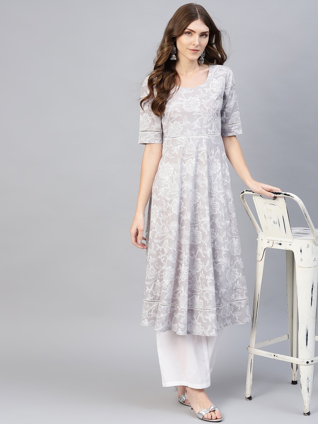 Women's  Grey & White Floral Khari Print A-Line Kurta