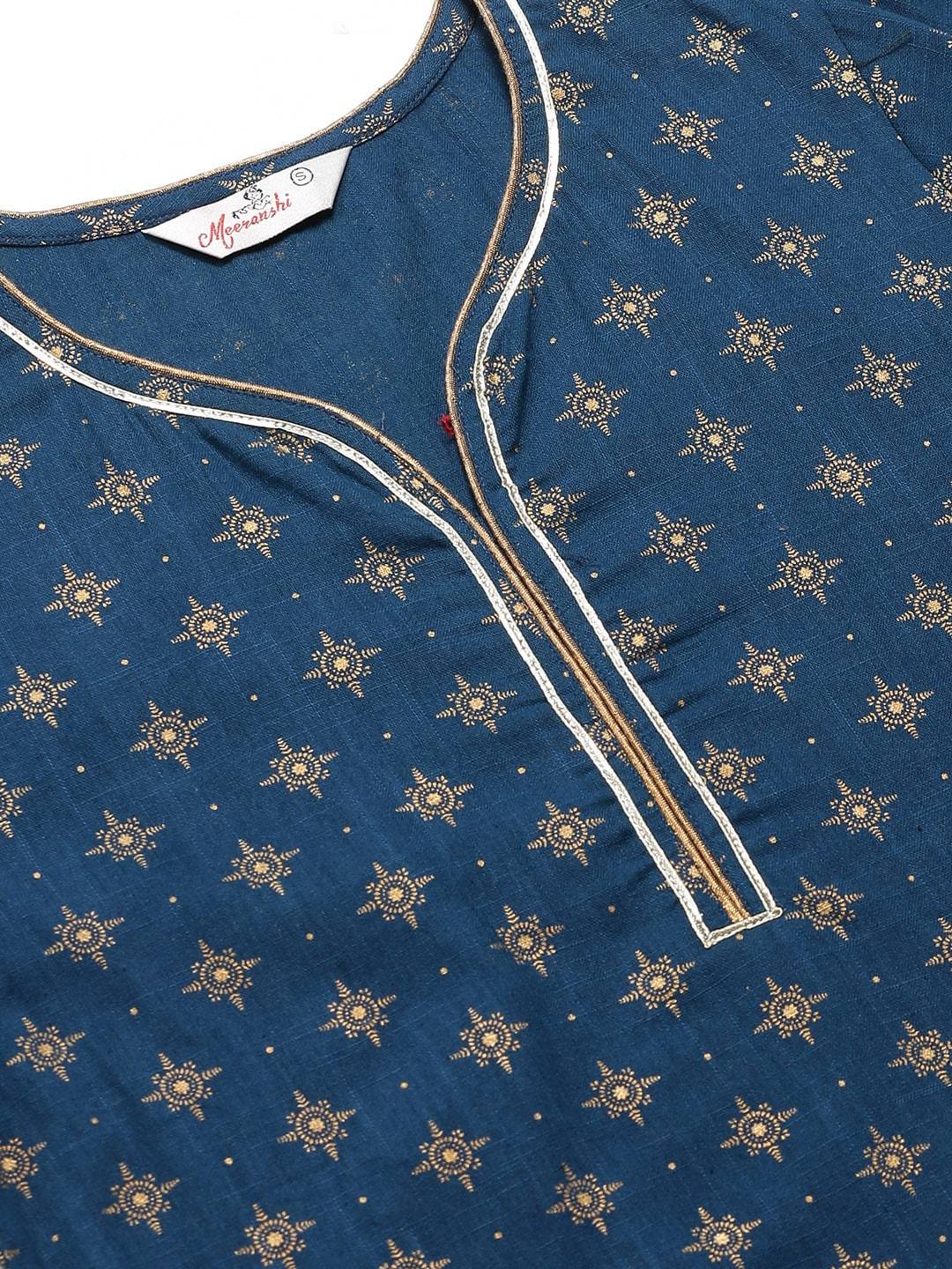 Women's Navy Blue & Golden Printed Straight Kurta