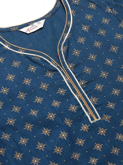 Women's Navy Blue & Golden Printed Straight Kurta